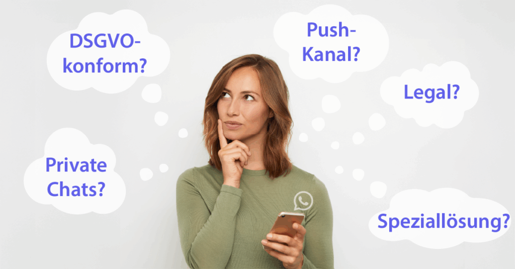 Symbolbild zu WhatsApp in der Gesundheitskommunikation: Smartphone mit Chatverlauf, daneben Stethoskop und DSGVO-Icon, im Hintergrund medizinische Symbole.