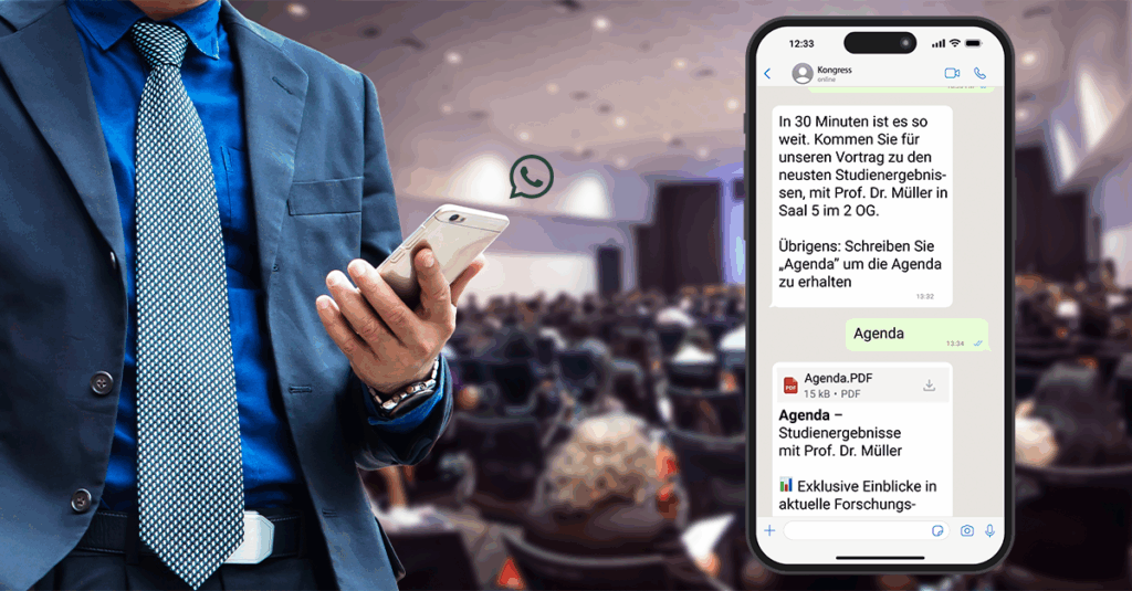 Digitale Kongresskommunikation über WhatsApp mit Comviira auf einem Smartphone
